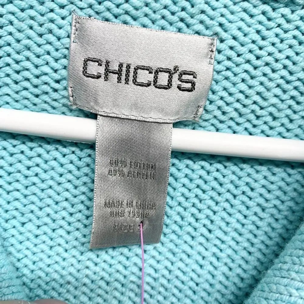 Chico's Sweater Women Size 3 XL(16) Blue Collared Short Sleeve Full Zip Cardigan